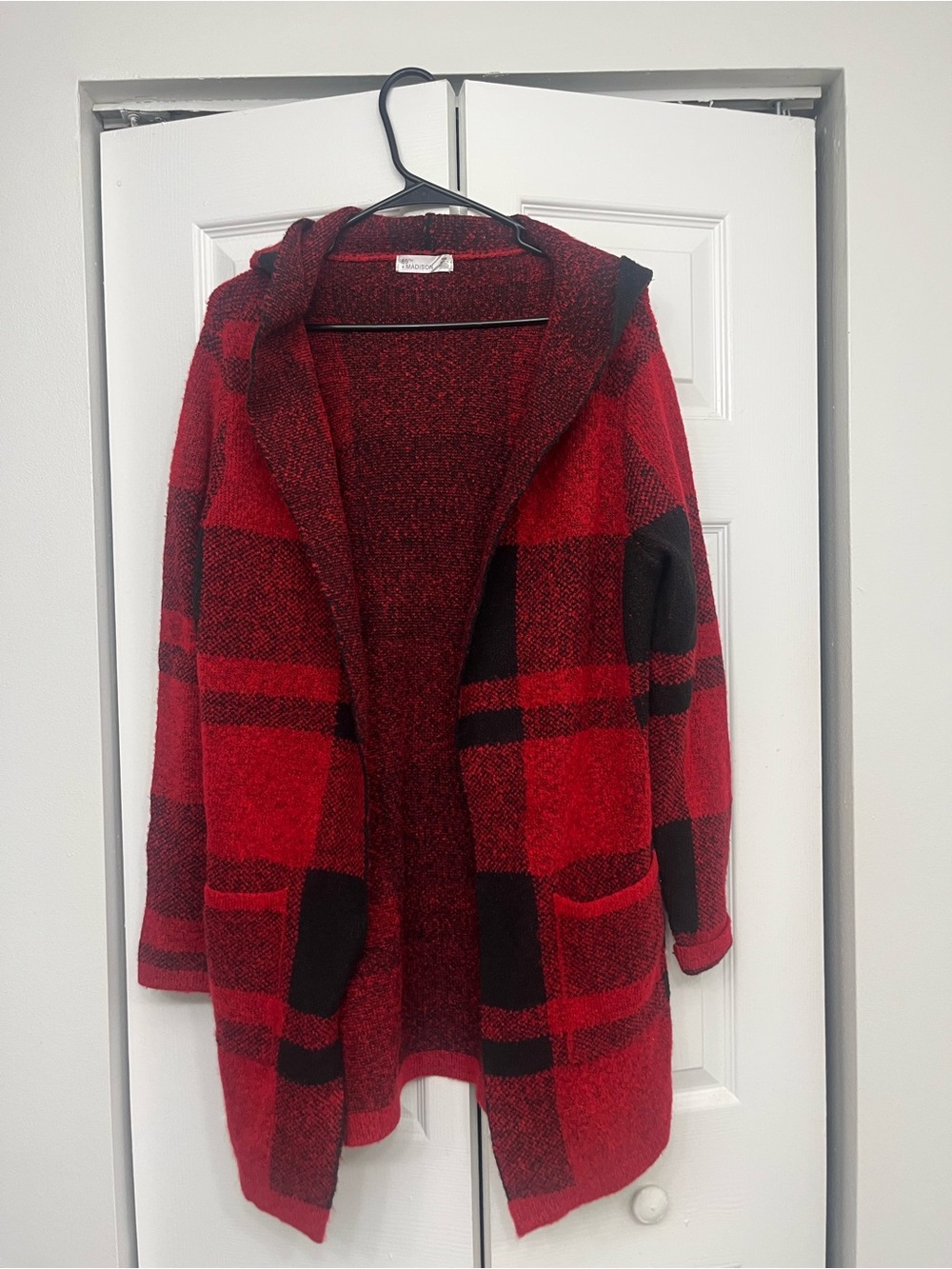 Madison Red and Black Plaid Hooded Open Cardigan Jacket